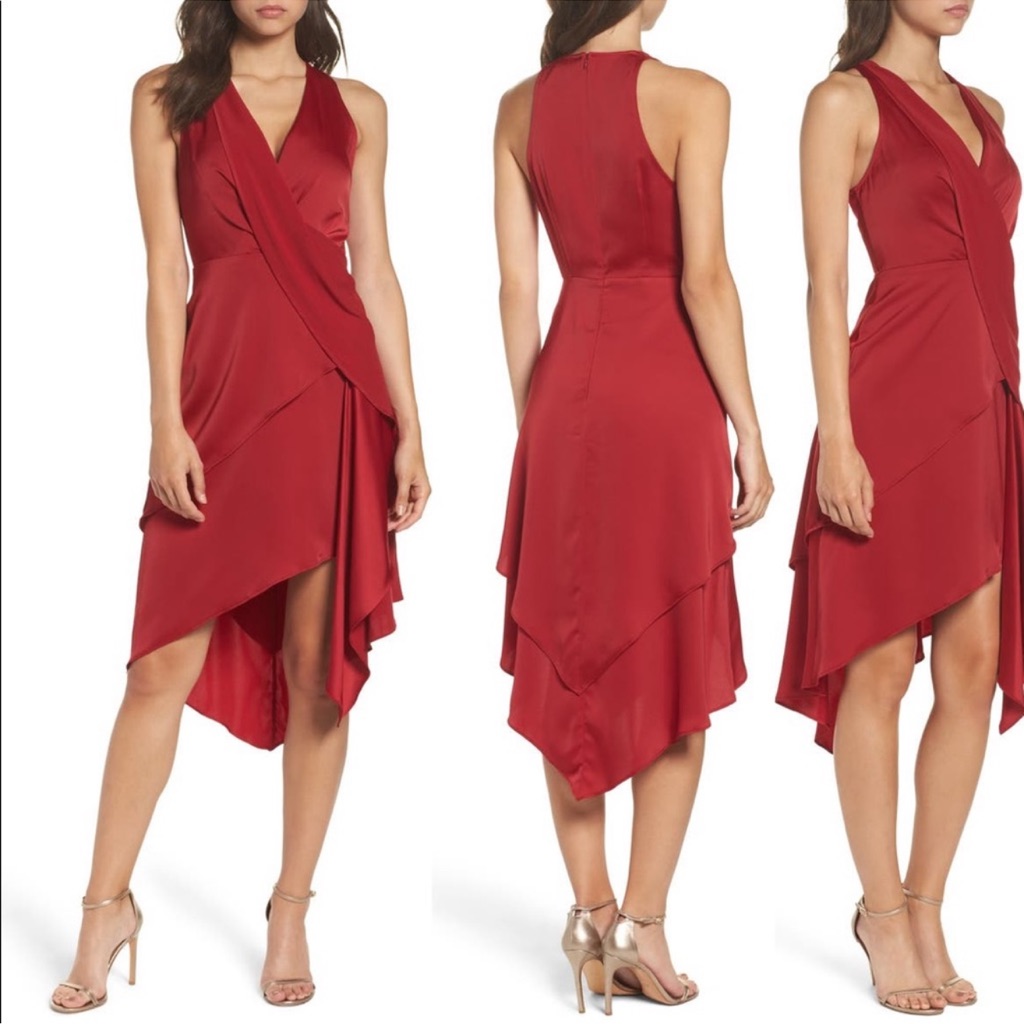 C/Meo Collective Influential Crimson Red Asymmetrical Chiffon Satin Dress Medium